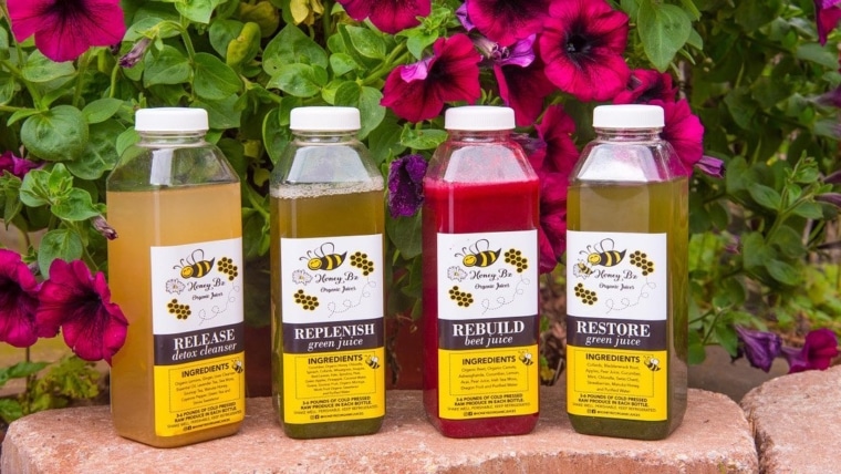 This image contains pictures of Honey Bz's Organic Juices for health and a juice cleanse